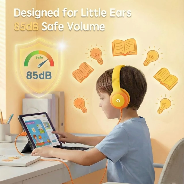 Alt view image 2 of 7 - Wired Kids Headphones with USB C Plug, 85dB Safe Volume, Adjustable Headband, Tangle-Free Cord Headphones for School, Tablet, Travel (Yellow & Orange, Without Microphone)