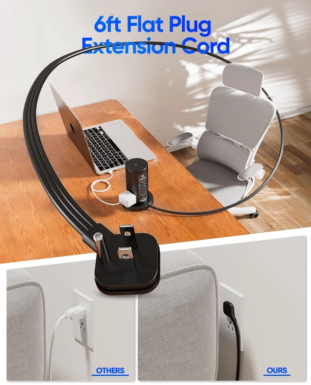 Alt view image 6 of 7 - Power Strip Tower, Charging Station 9 AC Outlets 8 USB Ports 6 Ft Retractable Extension Cord, 15W Wireless Charger, Black