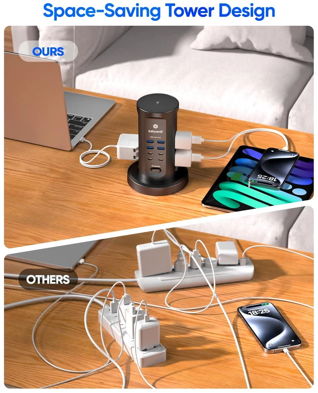 Alt view image 4 of 7 - Power Strip Tower, Charging Station 9 AC Outlets 8 USB Ports 6 Ft Retractable Extension Cord, 15W Wireless Charger, Black