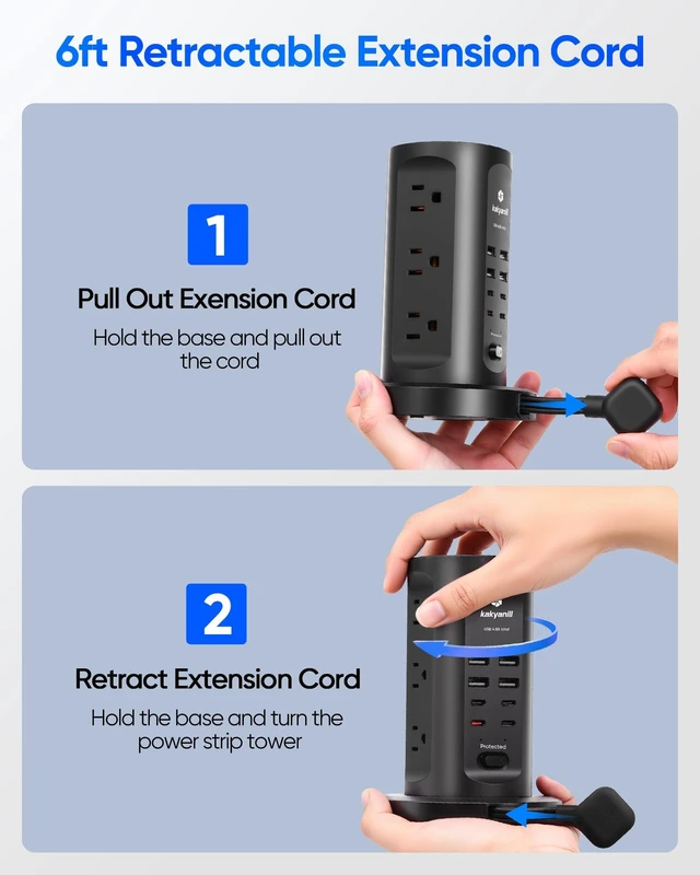 Alt view image 2 of 7 - Power Strip Tower, Charging Station 9 AC Outlets 8 USB Ports 6 Ft Retractable Extension Cord, 15W Wireless Charger, Black