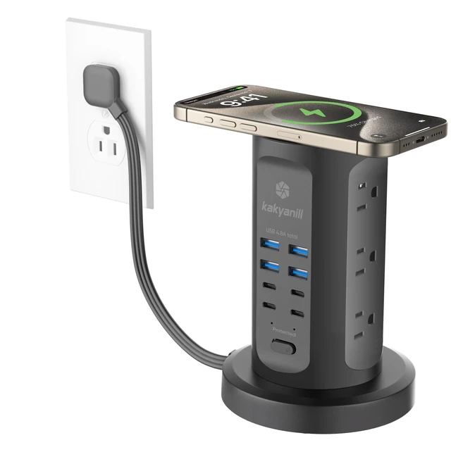 Main image of Power Strip Tower, Charging Station 9 AC Outlets 8 USB Ports 6 Ft Retractable Extension Cord, 15W Wireless Charger, Black