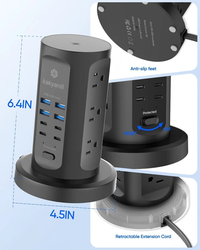 Alt view image 7 of 7 - Power Strip Tower, Charging Station 9 AC Outlets 8 USB Ports 6 Ft Retractable Extension Cord, 15W Wireless Charger, Black