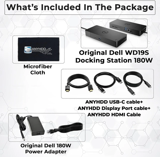 Alt view image 2 of 7 - Dell WD19S Docking Station Dual Monitor Bundle - 180W, Supports 4K Display, Dell Dock with 180W Power Supply + 4K HDMI Cable + 4K DisplayPort Cable + USB-C Cable + Microfiber Cloth Included