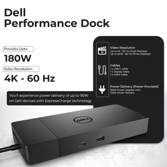 Alt view image 3 of 7 - Dell WD19S Docking Station Dual Monitor Bundle - 180W, Supports 4K Display, Dell Dock with 180W Power Supply + 4K HDMI Cable + 4K DisplayPort Cable + USB-C Cable + Microfiber Cloth Included