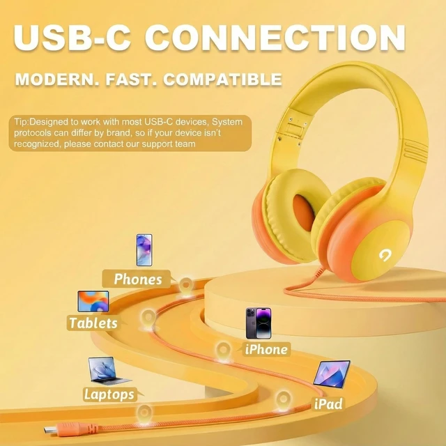 Alt view image 4 of 7 - Wired Kids Headphones with USB C Plug, 85dB Safe Volume, Adjustable Headband, Tangle-Free Cord Headphones for School, Tablet, Travel (Yellow & Orange, Without Microphone)