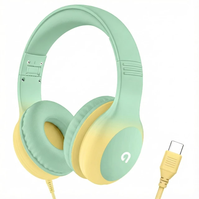 Main image of Wired Kids Headphones with USB C Plug, 85dB Safe Volume, Adjustable Headband, Tangle-Free Cord Headphones for School, Tablet, Travel (Mint Green & Cream Yellow, Without Microphone)