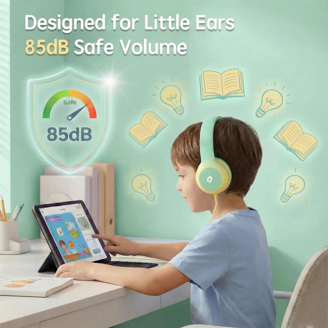 Alt view image 2 of 7 - Wired Kids Headphones with USB C Plug, 85dB Safe Volume, Adjustable Headband, Tangle-Free Cord Headphones for School, Tablet, Travel (Mint Green & Cream Yellow, Without Microphone)