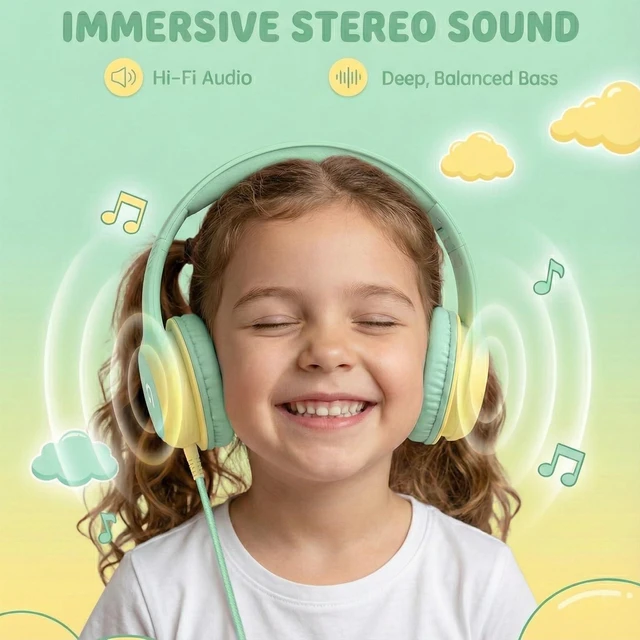 Alt view image 3 of 7 - Wired Kids Headphones with USB C Plug, 85dB Safe Volume, Adjustable Headband, Tangle-Free Cord Headphones for School, Tablet, Travel (Mint Green & Cream Yellow, Without Microphone)
