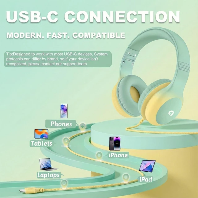 Alt view image 4 of 7 - Wired Kids Headphones with USB C Plug, 85dB Safe Volume, Adjustable Headband, Tangle-Free Cord Headphones for School, Tablet, Travel (Mint Green & Cream Yellow, Without Microphone)