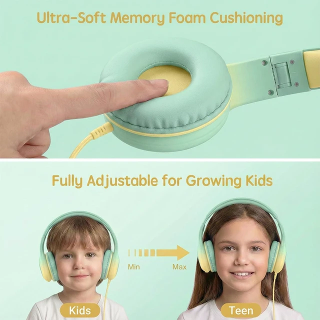 Alt view image 5 of 7 - Wired Kids Headphones with USB C Plug, 85dB Safe Volume, Adjustable Headband, Tangle-Free Cord Headphones for School, Tablet, Travel (Mint Green & Cream Yellow, Without Microphone)