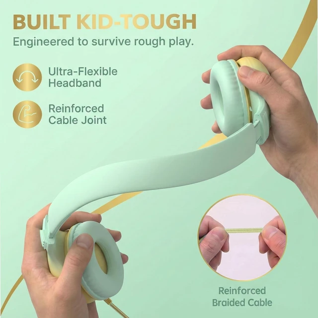 Alt view image 6 of 7 - Wired Kids Headphones with USB C Plug, 85dB Safe Volume, Adjustable Headband, Tangle-Free Cord Headphones for School, Tablet, Travel (Mint Green & Cream Yellow, Without Microphone)