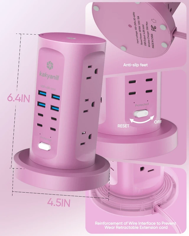 Alt view image 7 of 7 - Power Strip Tower, Charging Station 9 AC Outlets 8 USB Ports 6 Ft Retractable Extension Cord, 15W Wireless Charger, Purple
