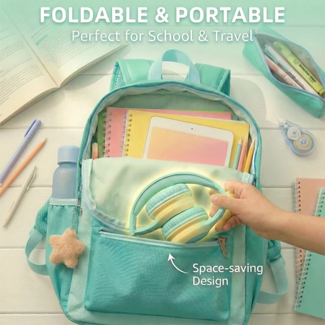 Alt view image 7 of 7 - Wired Kids Headphones with USB C Plug, 85dB Safe Volume, Adjustable Headband, Tangle-Free Cord Headphones for School, Tablet, Travel (Mint Green & Cream Yellow, Without Microphone)