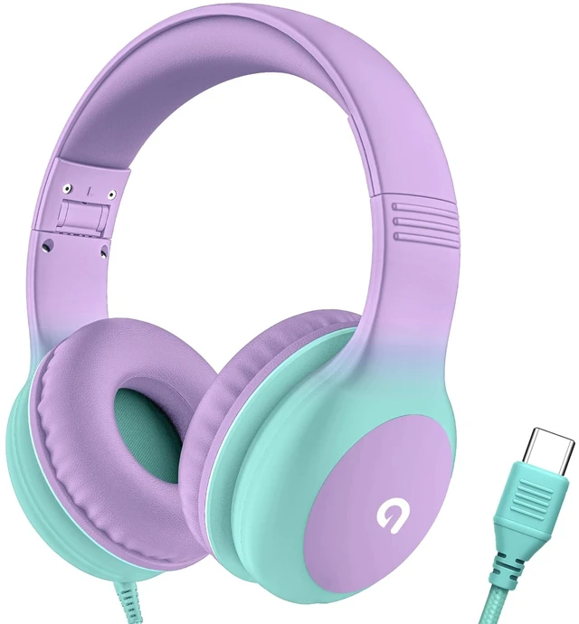 Main image of Wired Kids Headphones with USB C Plug, 85dB Safe Volume, Adjustable Headband, Tangle-Free Cord Headphones for School, Tablet, Travel (Lavender & Mint Green, Without Microphone)