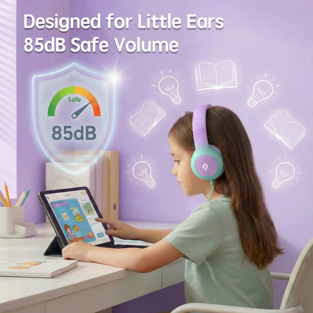 Alt view image 2 of 7 - Wired Kids Headphones with USB C Plug, 85dB Safe Volume, Adjustable Headband, Tangle-Free Cord Headphones for School, Tablet, Travel (Lavender & Mint Green, Without Microphone)