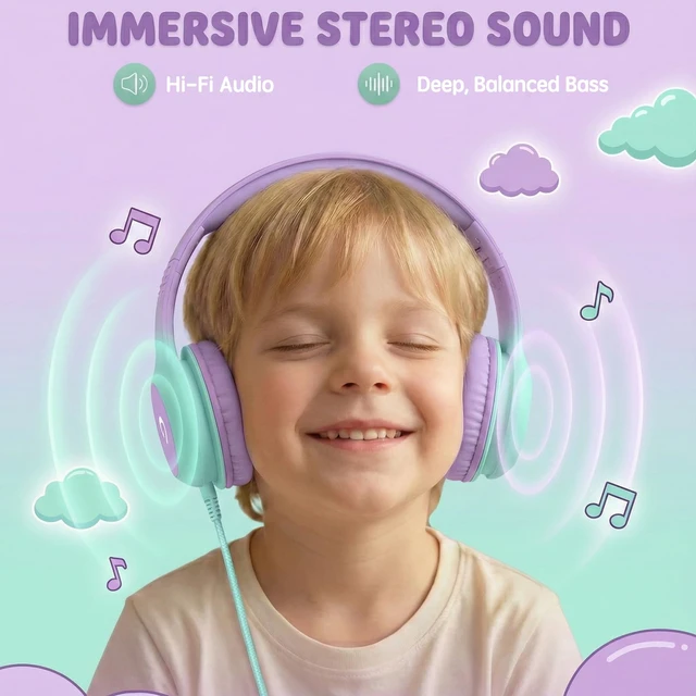 Alt view image 3 of 7 - Wired Kids Headphones with USB C Plug, 85dB Safe Volume, Adjustable Headband, Tangle-Free Cord Headphones for School, Tablet, Travel (Lavender & Mint Green, Without Microphone)