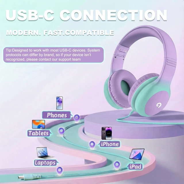 Alt view image 4 of 7 - Wired Kids Headphones with USB C Plug, 85dB Safe Volume, Adjustable Headband, Tangle-Free Cord Headphones for School, Tablet, Travel (Lavender & Mint Green, Without Microphone)