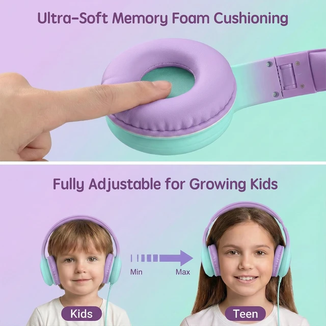 Alt view image 5 of 7 - Wired Kids Headphones with USB C Plug, 85dB Safe Volume, Adjustable Headband, Tangle-Free Cord Headphones for School, Tablet, Travel (Lavender & Mint Green, Without Microphone)