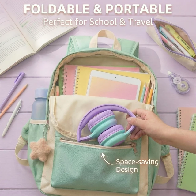 Alt view image 7 of 7 - Wired Kids Headphones with USB C Plug, 85dB Safe Volume, Adjustable Headband, Tangle-Free Cord Headphones for School, Tablet, Travel (Lavender & Mint Green, Without Microphone)