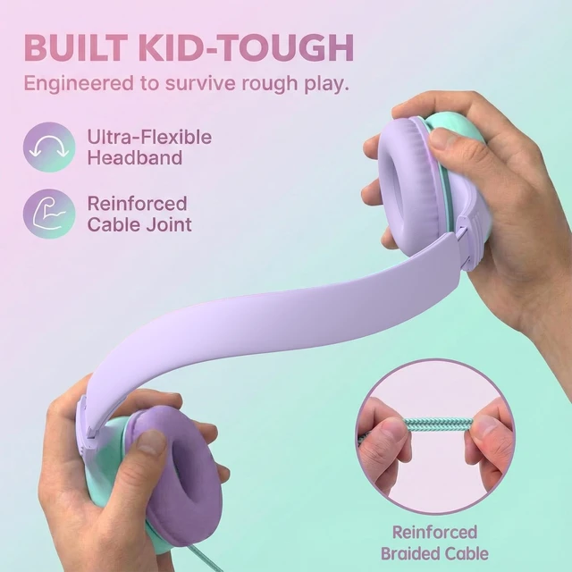 Alt view image 6 of 7 - Wired Kids Headphones with USB C Plug, 85dB Safe Volume, Adjustable Headband, Tangle-Free Cord Headphones for School, Tablet, Travel (Lavender & Mint Green, Without Microphone)