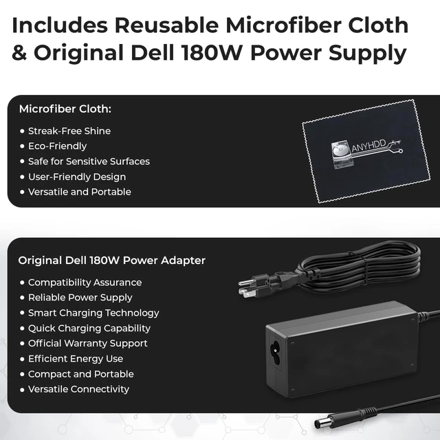 Alt view image 7 of 7 - Dell WD19S Docking Station Dual Monitor Bundle - 180W, Supports 4K Display, Dell Dock with 180W Power Supply + 4K HDMI Cable + 4K DisplayPort Cable + USB-C Cable + Microfiber Cloth Included