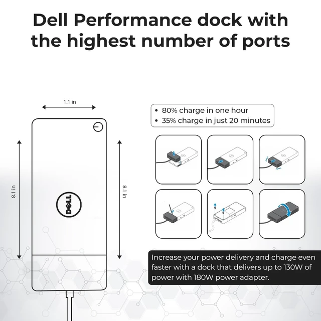 Alt view image 5 of 7 - Dell WD19S Docking Station Dual Monitor Bundle - 180W, Supports 4K Display, Dell Dock with 180W Power Supply + 4K HDMI Cable + 4K DisplayPort Cable + USB-C Cable + Microfiber Cloth Included