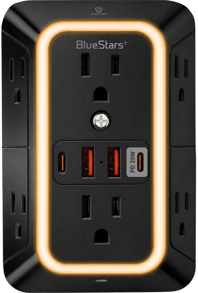 Main image of Surge Protector Outlet Extender, 6 Outlets & 4 USB Ports with Fast Charging Type C PD 20W, Night Light, 3-Sided Power Strip, Multi Plug Wall Charger for Home, Office, Travel, ETL, Black