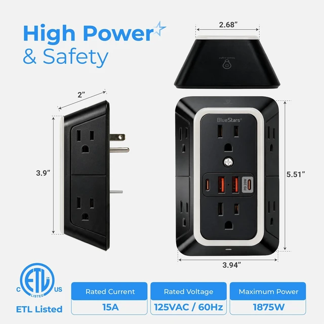 Alt view image 3 of 7 - Surge Protector Outlet Extender, 6 Outlets & 4 USB Ports with Fast Charging Type C PD 20W, Night Light, 3-Sided Power Strip, Multi Plug Wall Charger for Home, Office, Travel, ETL, Black