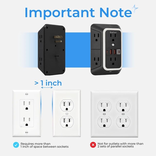 Alt view image 7 of 7 - Surge Protector Outlet Extender, 6 Outlets & 4 USB Ports with Fast Charging Type C PD 20W, Night Light, 3-Sided Power Strip, Multi Plug Wall Charger for Home, Office, Travel, ETL, Black