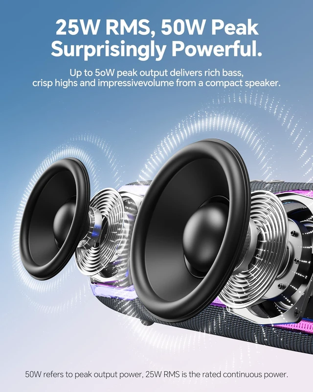 Alt view image 2 of 7 - Bluetooth Speaker, IPX7 Waterproof, 50W Peak/25W RMS, Matte Black 24H Playtime, Flashing lights, TWS pairing, ideal for beach trips, outdoor parties, birthdays, graduations and everyday use