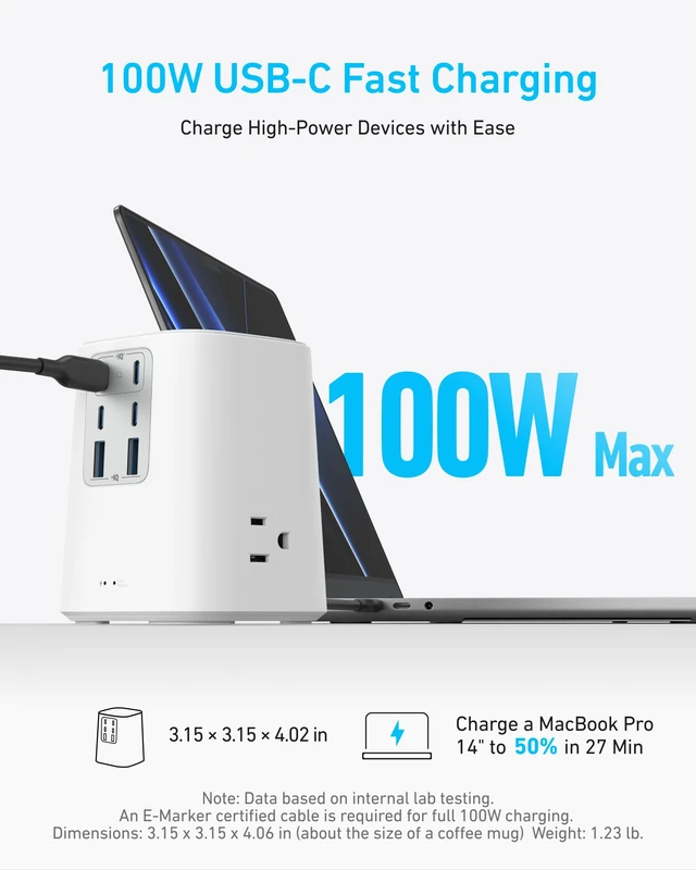 Alt view image 3 of 6 - Desktop Charger, 9-in-1 Power Strip with 300J Surge Protector, 100W USB C Charger with 3 AC, 4 USB C, 2 USB A, 5ft Flat Plug Extension Cord with Multiple Devices, Home Office, Desk Accessories