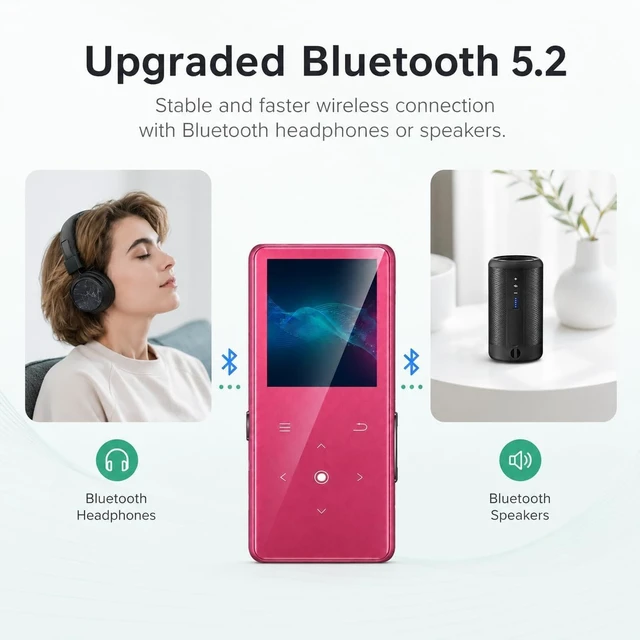 Alt view image 4 of 7 - 64GB MP3 Player with Bluetooth 5.2, Music Player with Built-in HD Speaker, FM Radio, Voice Recorder, HiFi Sound, E-Book Function, Rose Red