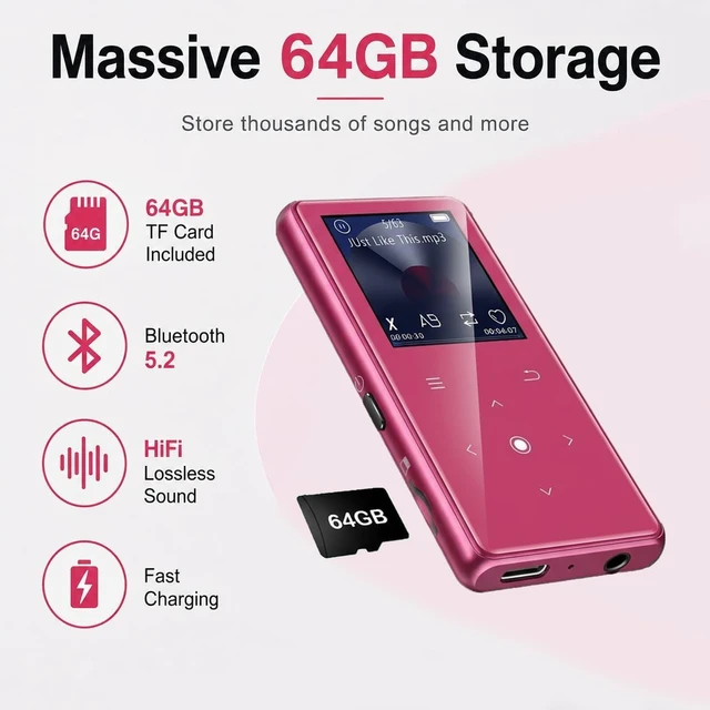 Alt view image 3 of 7 - 64GB MP3 Player with Bluetooth 5.2, Music Player with Built-in HD Speaker, FM Radio, Voice Recorder, HiFi Sound, E-Book Function, Rose Red