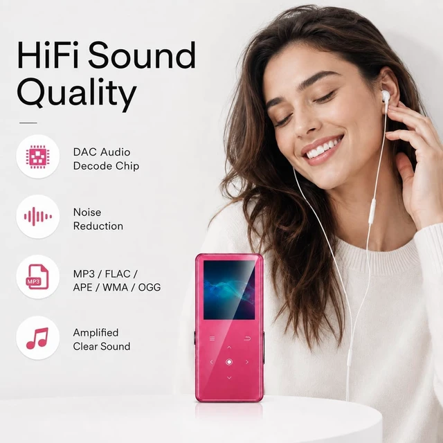 Alt view image 2 of 7 - 64GB MP3 Player with Bluetooth 5.2, Music Player with Built-in HD Speaker, FM Radio, Voice Recorder, HiFi Sound, E-Book Function, Rose Red