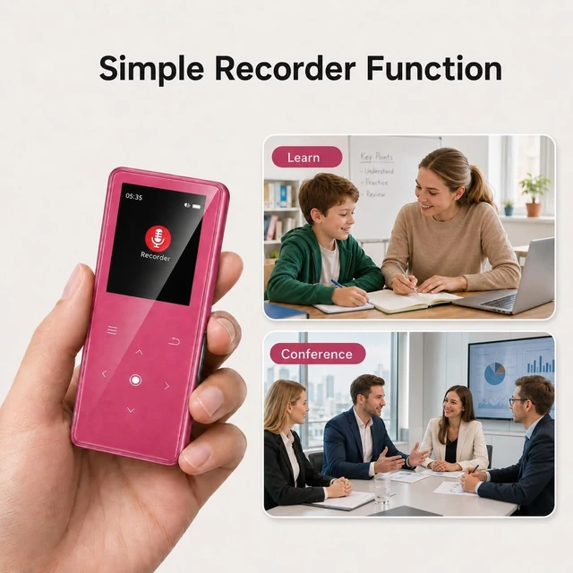 Alt view image 6 of 7 - 64GB MP3 Player with Bluetooth 5.2, Music Player with Built-in HD Speaker, FM Radio, Voice Recorder, HiFi Sound, E-Book Function, Rose Red
