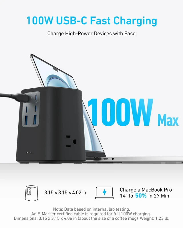 Alt view image 3 of 6 - Desktop Charger, 9-in-1 Power Strip with 300J Surge Protector, 100W USB C Charger with 3 AC, 4 USB C, 2 USB A, 5ft Flat Plug Extension Cord with Multiple Devices, Home Office, Desk Accessories