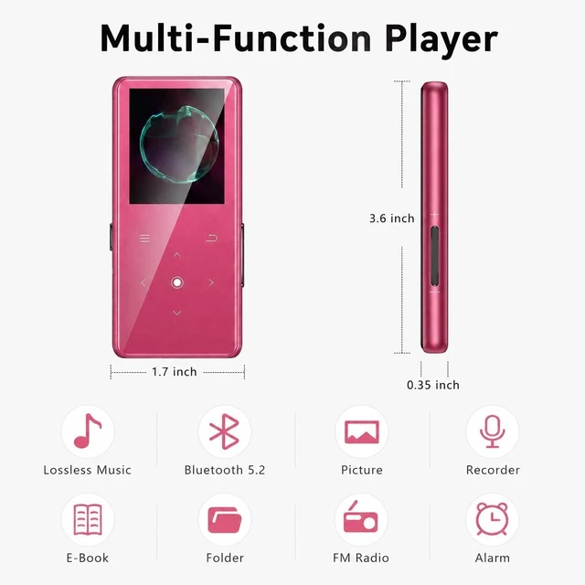 Alt view image 7 of 7 - 64GB MP3 Player with Bluetooth 5.2, Music Player with Built-in HD Speaker, FM Radio, Voice Recorder, HiFi Sound, E-Book Function, Rose Red