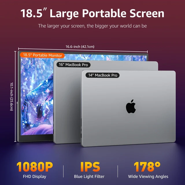 Alt view image 4 of 7 - Portable Monitor for Laptop, IPS USB-C HDMI Travel Second Monitor for MacBook Pro Air, PC, PS5, Xbox, Portable Second Screen, Built-in Kickstand, Speakers, VESA Mountable, 18.5 Inch