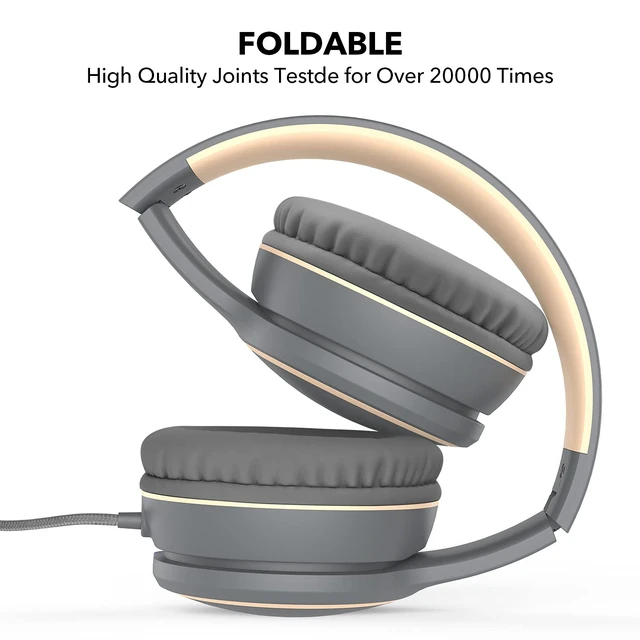 Alt view image 3 of 7 - R10 Over-Ear Headphones with Microphone, Lightweight Folding Stereo Bass Headset with 1.5M No-Tangle Cord, Portable Wired Headphones for Smartphone Tablet Computer MP3 / 4 (Grey)