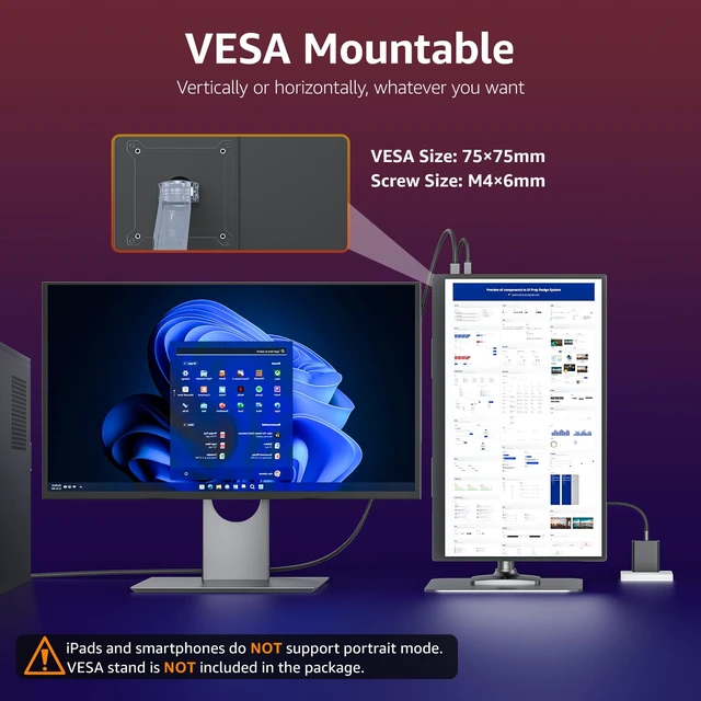 Alt view image 5 of 7 - Portable Monitor for Laptop, IPS USB-C HDMI Travel Second Monitor for MacBook Pro Air, PC, PS5, Xbox, Portable Second Screen, Built-in Kickstand, Speakers, VESA Mountable, 18.5 Inch