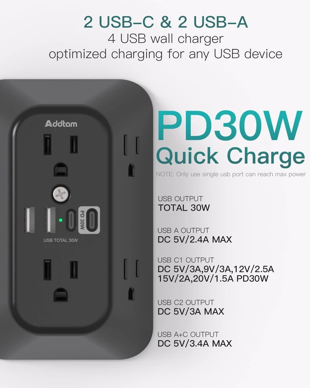 Alt view image 4 of 7 - 6-Outlet Extender Surge Protector, Multi Plug Wall Outlet with 4 USB Wall Charger(PD 30W), Plug Extension Outlet with 1800J, Outlet Splitter Power Strip for Home Office, Black