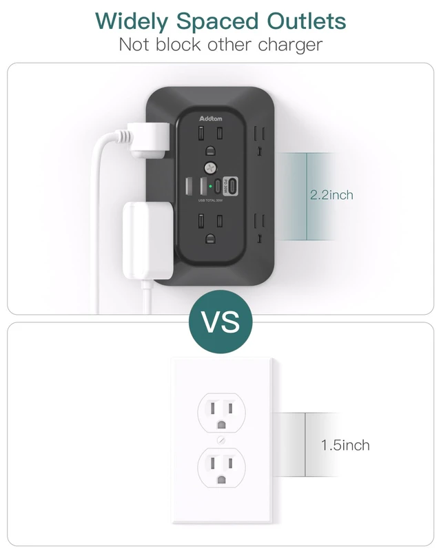 Alt view image 6 of 7 - 6-Outlet Extender Surge Protector, Multi Plug Wall Outlet with 4 USB Wall Charger(PD 30W), Plug Extension Outlet with 1800J, Outlet Splitter Power Strip for Home Office, Black
