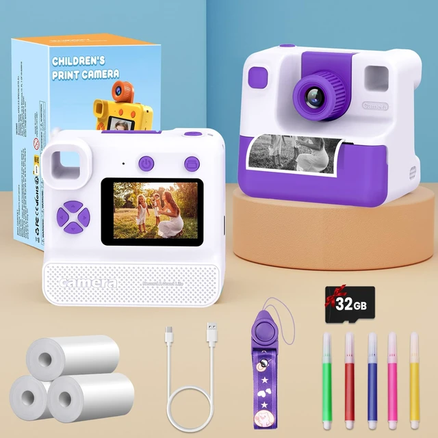 Alt view image 7 of 7 - Kids Camera Instant Print, Christmas Birthday Gifts for Girl Boys Kids 3-12 FHD Selfie Digital Video Cameras Toddler 3 Rolls Print Paper & 32G Card (Retro, Purple-White)