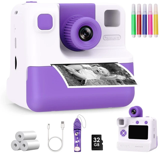 Main image of Kids Camera Instant Print, Christmas Birthday Gifts for Girl Boys Kids 3-12 FHD Selfie Digital Video Cameras Toddler 3 Rolls Print Paper & 32G Card (Retro, Purple-White)