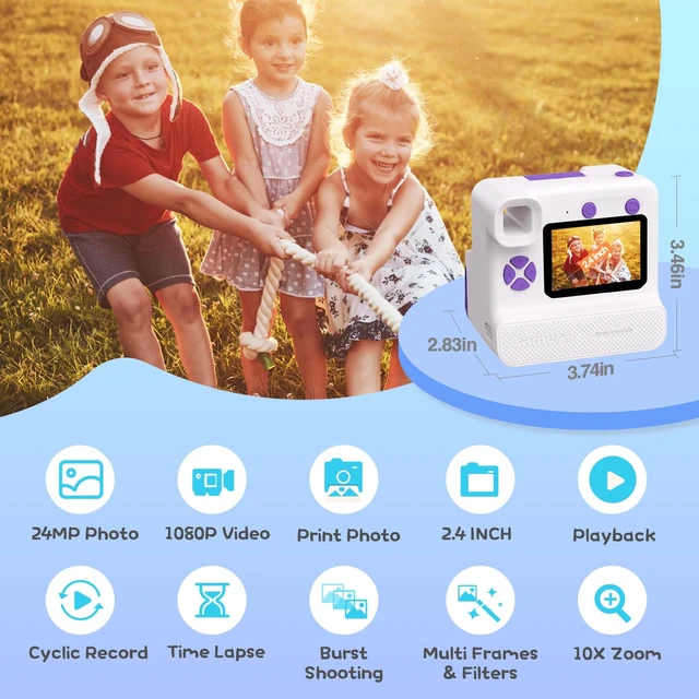 Alt view image 2 of 7 - Kids Camera Instant Print, Christmas Birthday Gifts for Girl Boys Kids 3-12 FHD Selfie Digital Video Cameras Toddler 3 Rolls Print Paper & 32G Card (Retro, Purple-White)