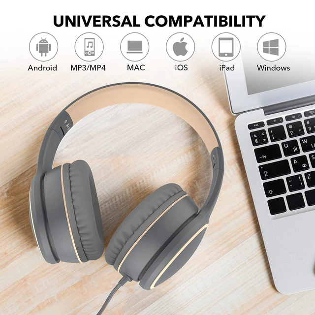 Alt view image 6 of 7 - R10 Over-Ear Headphones with Microphone, Lightweight Folding Stereo Bass Headset with 1.5M No-Tangle Cord, Portable Wired Headphones for Smartphone Tablet Computer MP3 / 4 (Grey)