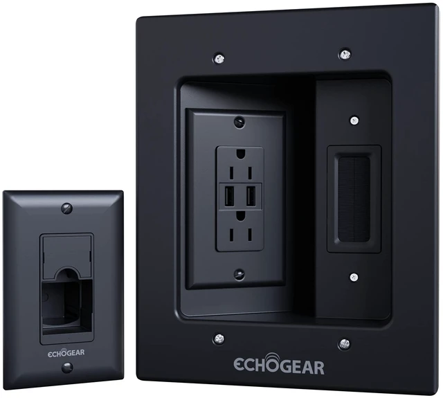 Main image of TV Cord Hider for Wall Mounted TV with 2X AC Outlets & 2X USB-A Ports - Hide Power Cables & Low Voltage Wires Behind The Wall - Includes Template, Saw, & Low Profile Extension Cord - Black