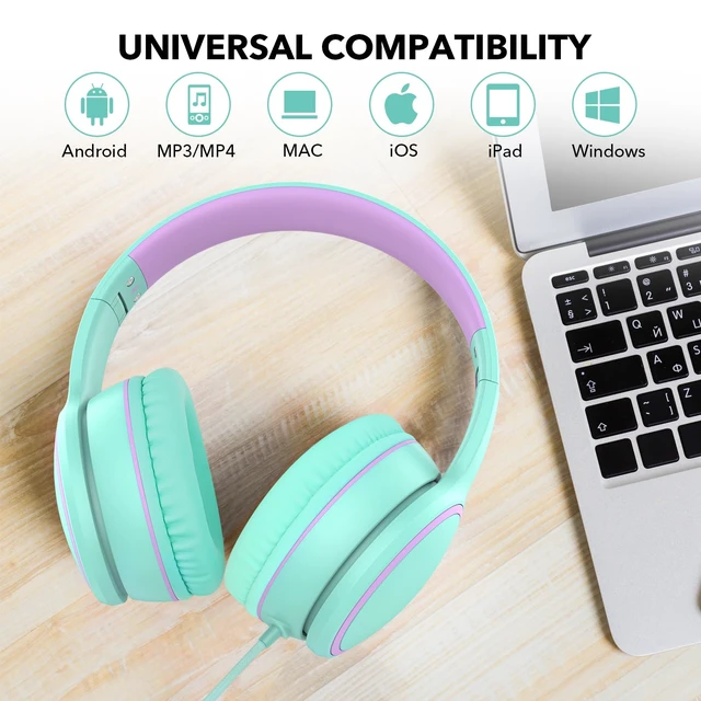 Alt view image 6 of 7 - R10 Over-Ear Headphones with Microphone, Lightweight Folding Stereo Bass Headset with 1.5M No-Tangle Cord, Portable Wired Headphones for Smartphone Tablet Computer MP3 / 4 (Green)