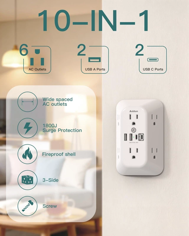 Alt view image 2 of 7 - 6-Outlet Extender Surge Protector, Multi Plug Wall Outlet with 4 USB Wall Charger(PD 30W), Plug Extension Outlet with 1800J, Outlet Splitter Power Strip for Home Office, White