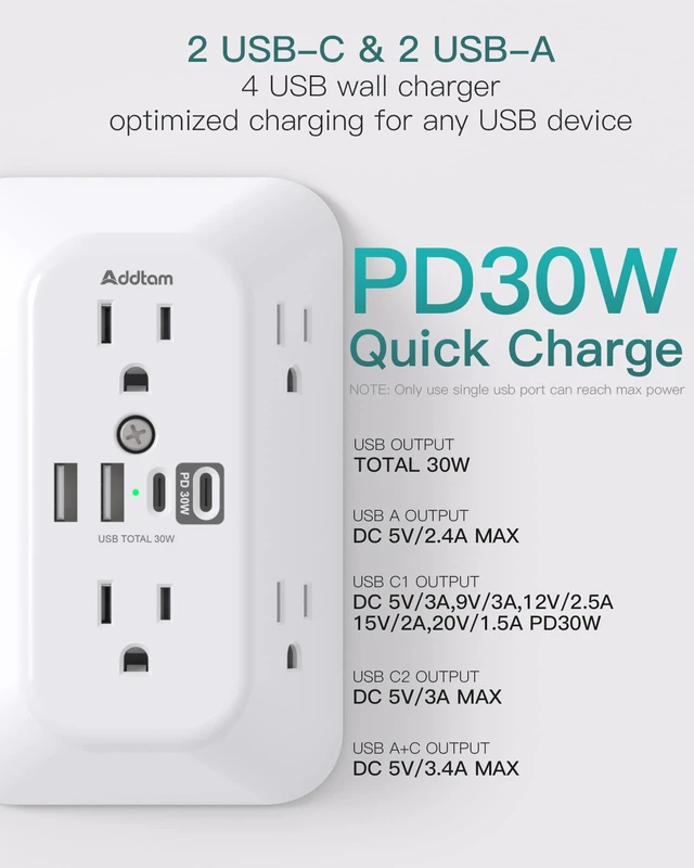 Alt view image 4 of 7 - 6-Outlet Extender Surge Protector, Multi Plug Wall Outlet with 4 USB Wall Charger(PD 30W), Plug Extension Outlet with 1800J, Outlet Splitter Power Strip for Home Office, White